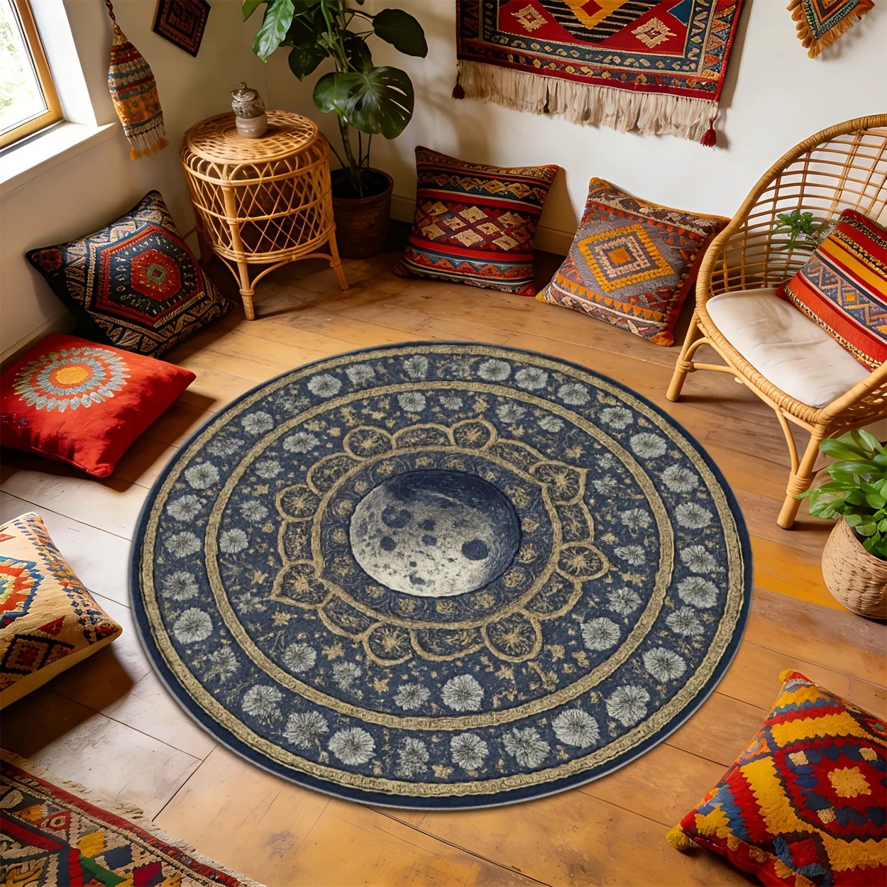 Minimalist dark 2D printed round rug monochrome flow design versatile decor for gym dance studio entrance