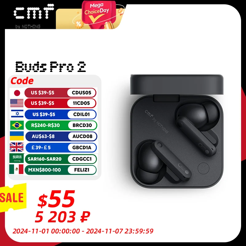 

Global Verison CMF by Nothing Buds Pro 2 with 50 dB Hybrid Active Noise Cancellation 6 HD MICS IP55 Bluetooth 5.3 Buds Pro2