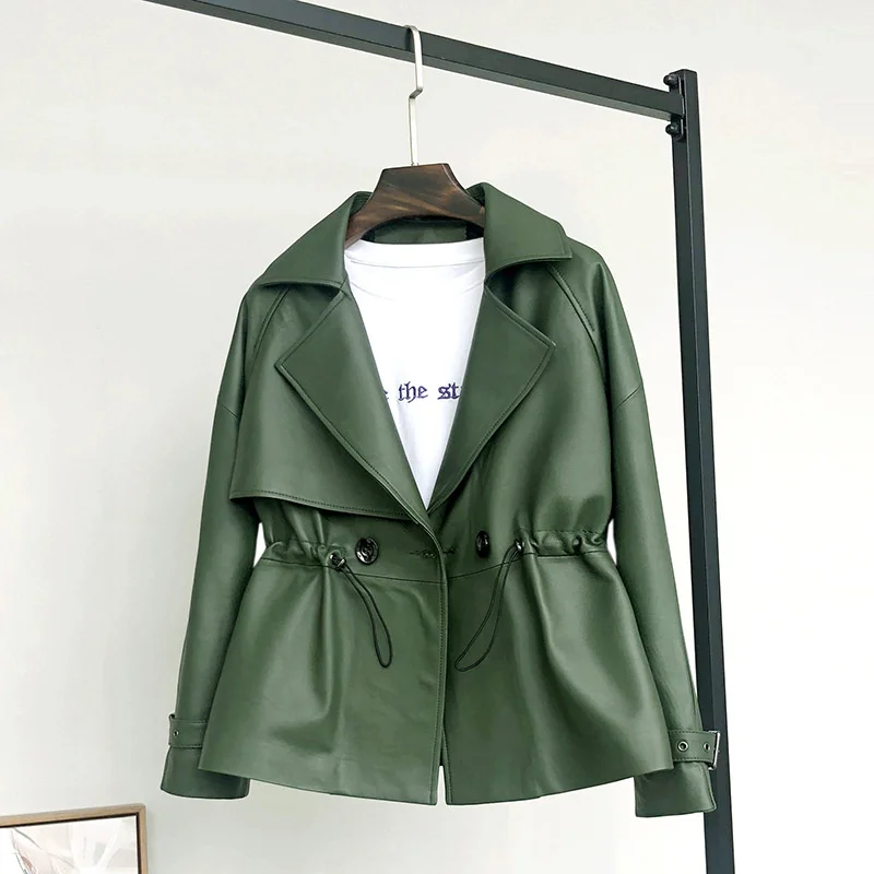 Veste en cuir véritable de mouton pour femmes, manteaux et vestes courtes, vert Chaqueta Cuero Mujer 2023, printemps automne 921