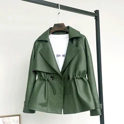 Chaqueta de piel de oveja para Mujer, abrigo corto de piel de oveja, color verde, primavera y otoño, 2023