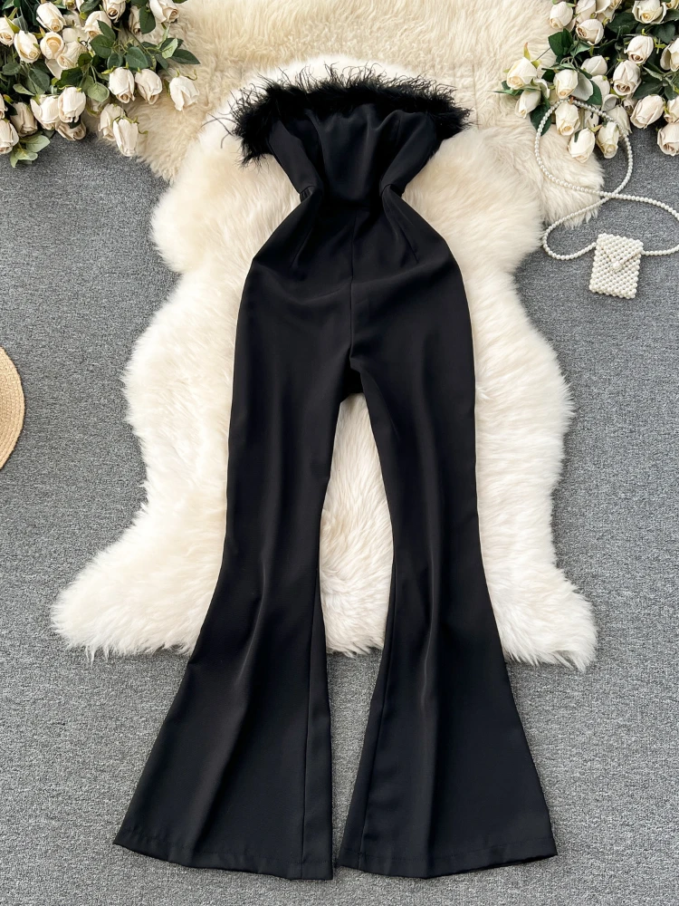 

Women Sexy Black Jumpsuits Summer Fury Strapless Elegant Playsuit Female Retro High Waist Flared Pants Party Romper