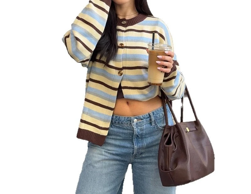 Bild 6: Damenbekleidung 2025, Herbst, neuer Artikel, süßes und frisches gestreiftes, langärmliges, einreihiges Strickpullover-Oberteil