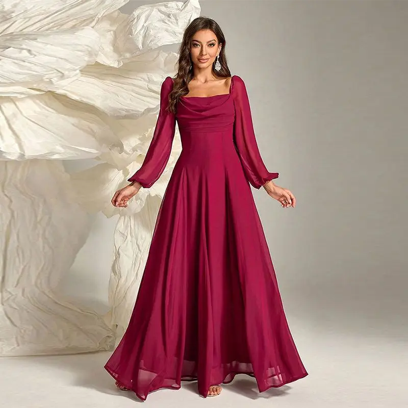 

Elegant Wine Red Chiffon Dress with Lantern Sleeves for Evening Parties High Waist Long Skirt Polished Polyester Fiber