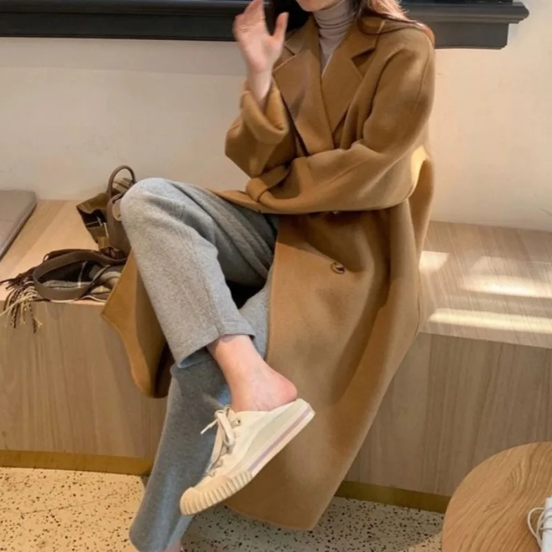 Blends Women Autumn Gentle Elegant Mujer Temperament All-match Leisure Solid Long Style Loose Coats Minimalist Style Youthful