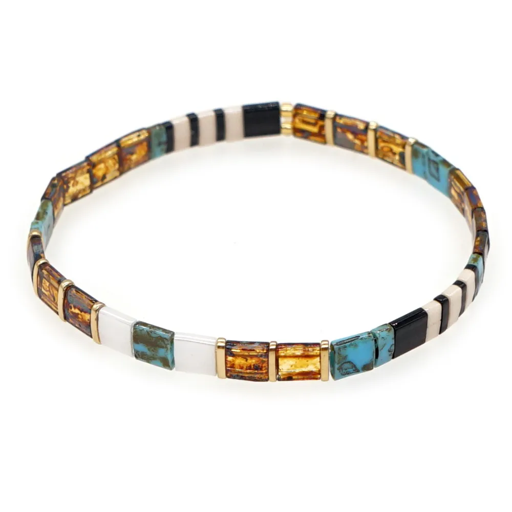 Go2BoHo-Japanese Telha frisada Pulseiras para Mulheres, Bohemian Moda Jóias, Multicolor 5 Stacking Stretch Set, Miyuki Tila