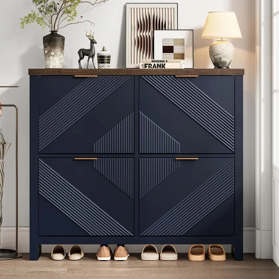 Shoe Cabinet with 4 Flip Drawers and Symmetric Groove Pattern
