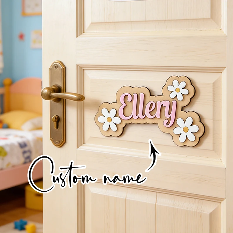 Custom Daisy Flower Wooden Name Door Sign Personalized Cursive Name Plaque Girls Bedroom Door Hanger Nursery Wall Decor