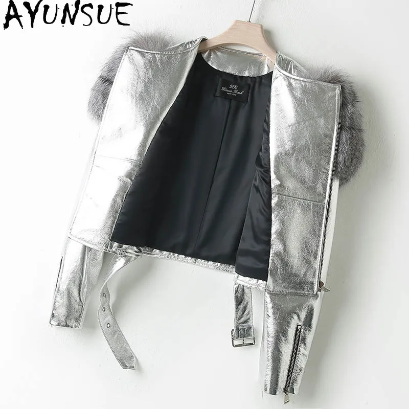 AYUNSUE Giacca in vera pelle da donna Vera pelle di pecora Cappotto da donna Abiti autunnali Collo in pelliccia di volpe 2025 Stile corto Jaqueta De Couro