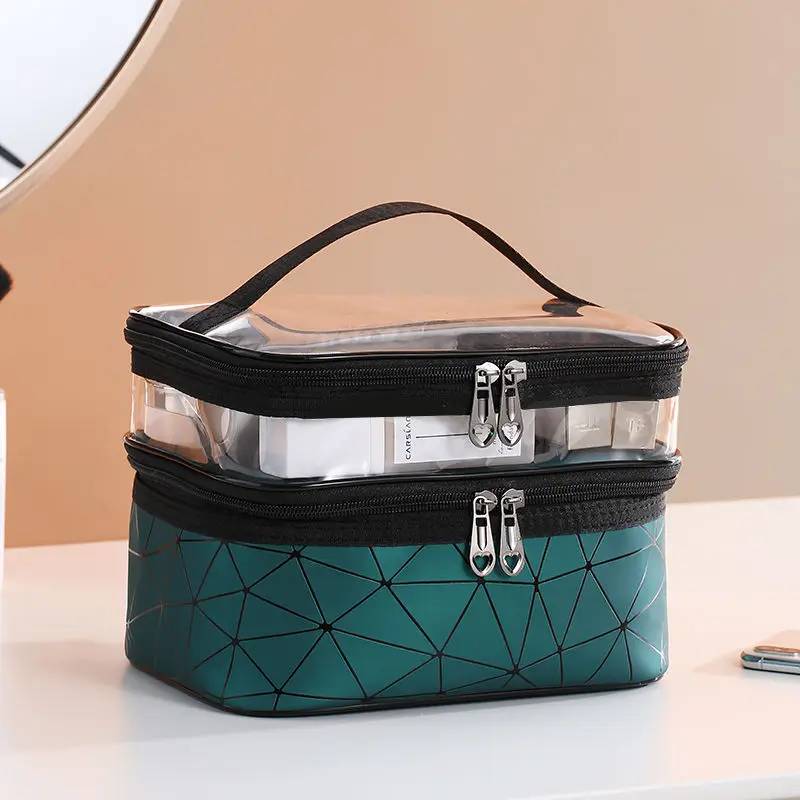 Double-Layer Cosmetic Bag for Ladies Lattice Portable Makeup Artist Multi-functional Storage Bag, Wash Bag Makeup Oranizer Case