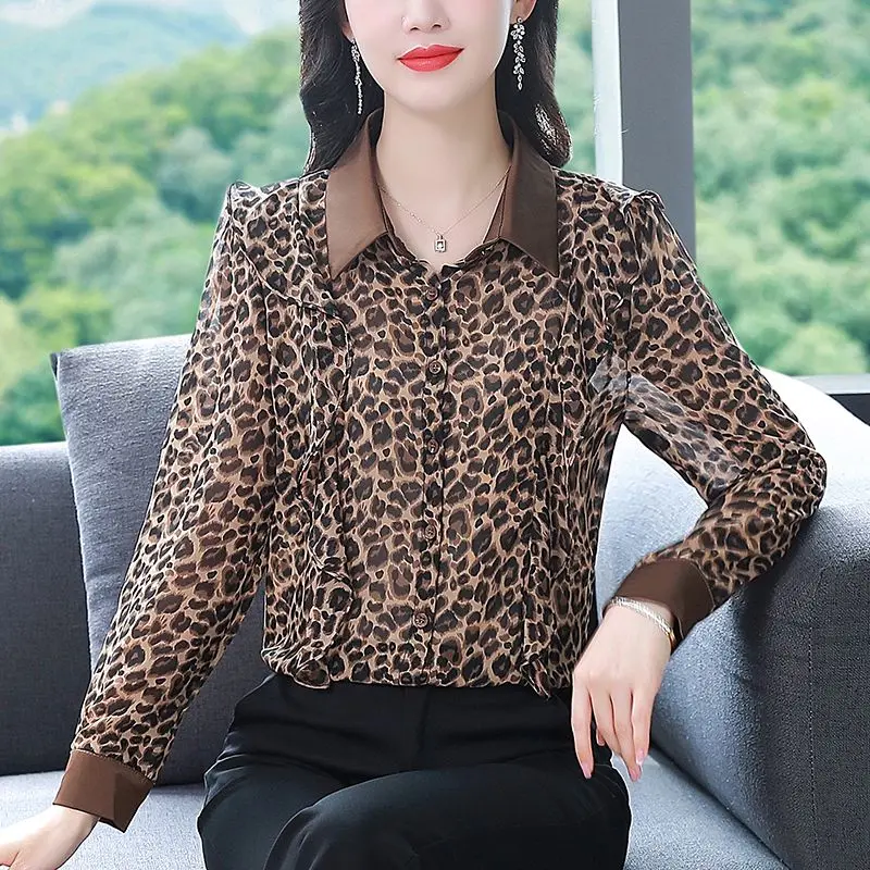 الأزهار الشيفون بلوزة المرأة ربيع الخريف أنيقة طويلة الأكمام كشكش الأعلى XQ240 #3