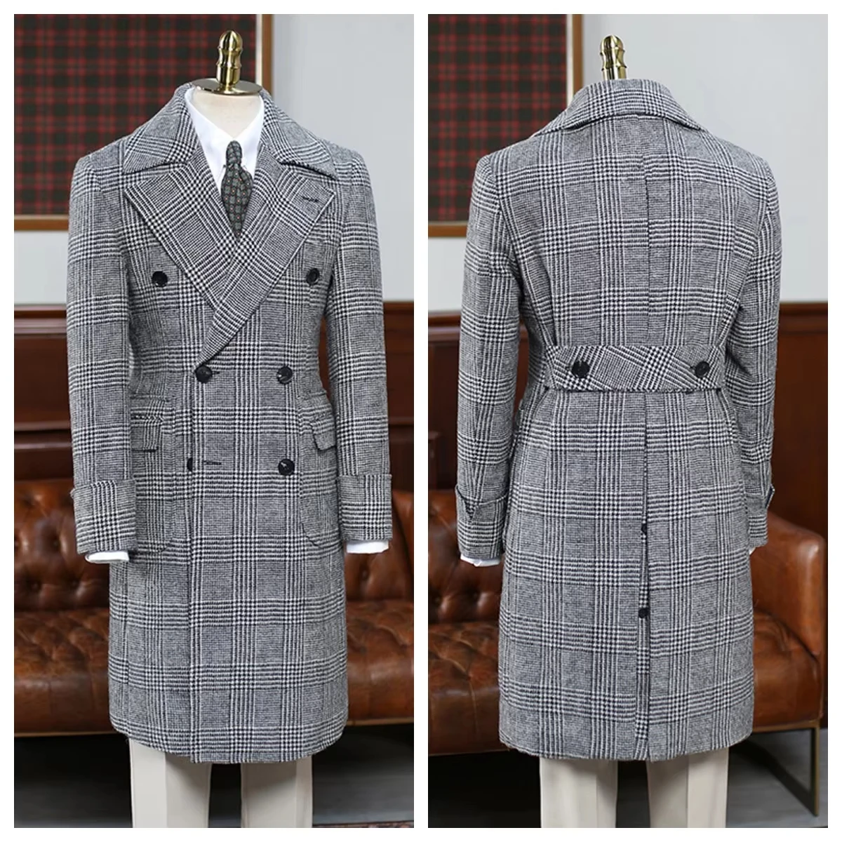 

Men's Long Blazer Black White Herringbone Pattern Men's Long Suit Jacket Classic Plaid Double-breasted Winter Wool Long Coat