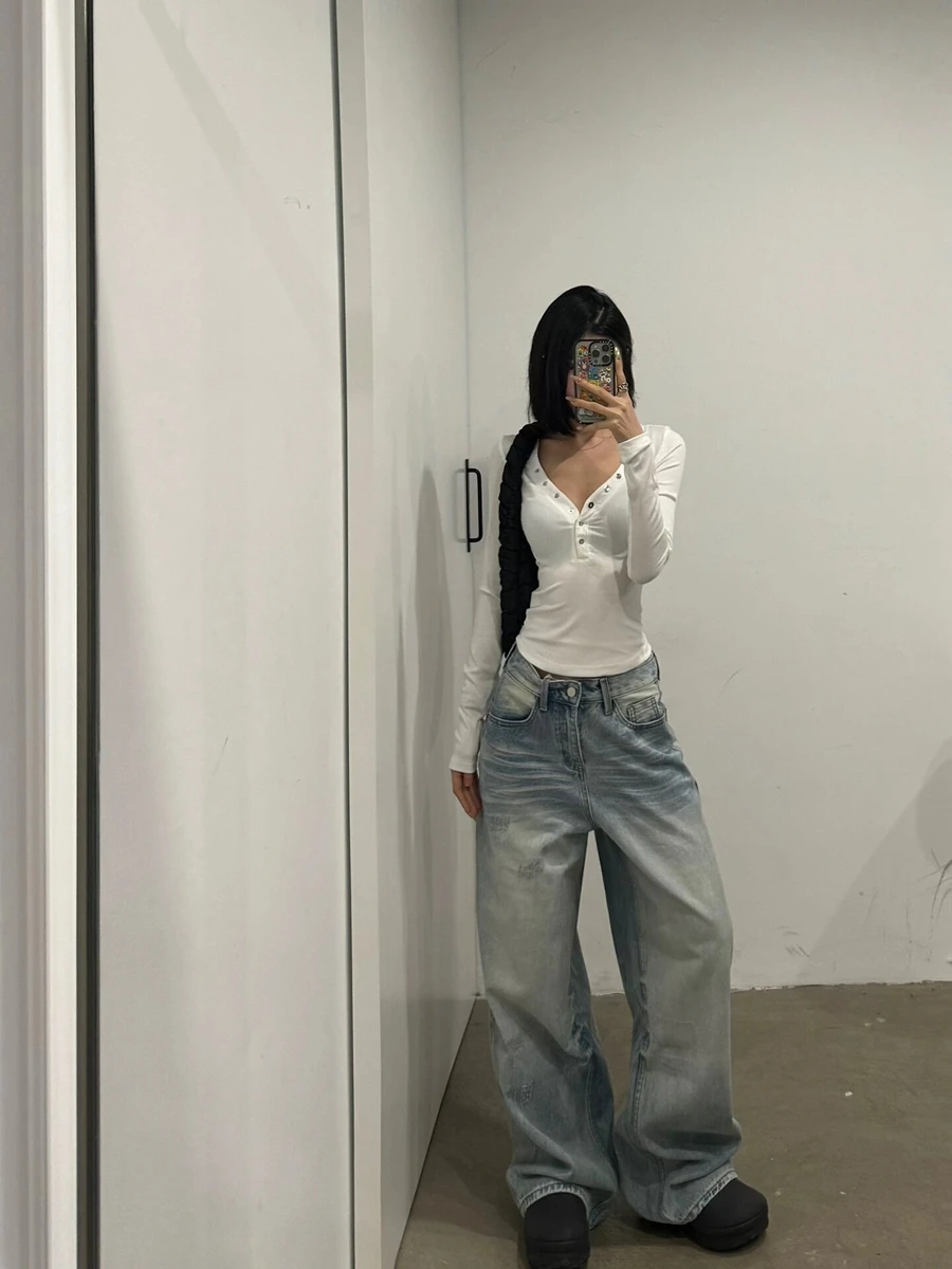 

Light Wa Retro Straight Leg Jeans Women's Autumn Winter High Waist Loose Versatile Floor Length Casual Wide Leg Trousers