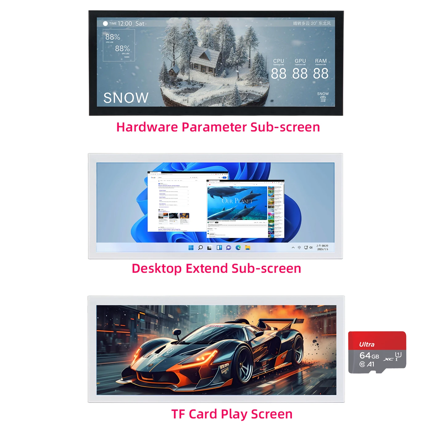 TURZX 12.3 Inch Secondary Screen USB 1920x720 IPS LCD Support Desktop Extend Mode Up to 256G TF Card Play Monitor Metal Shell