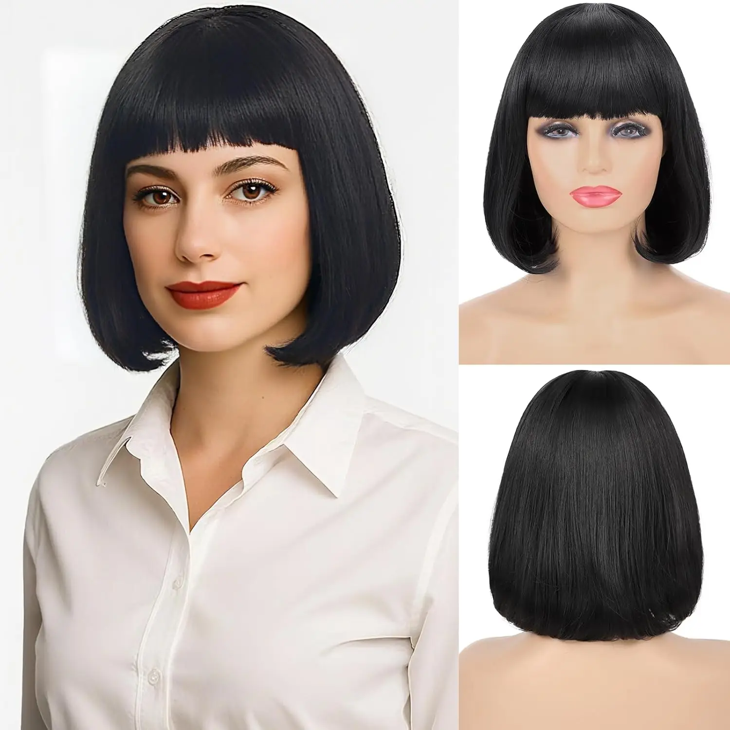 Synthetische schwarze Bob-Perücken für Damen, hitzebeständige schwarze Perücke mit Pony für Halloween, Cosplay, Party