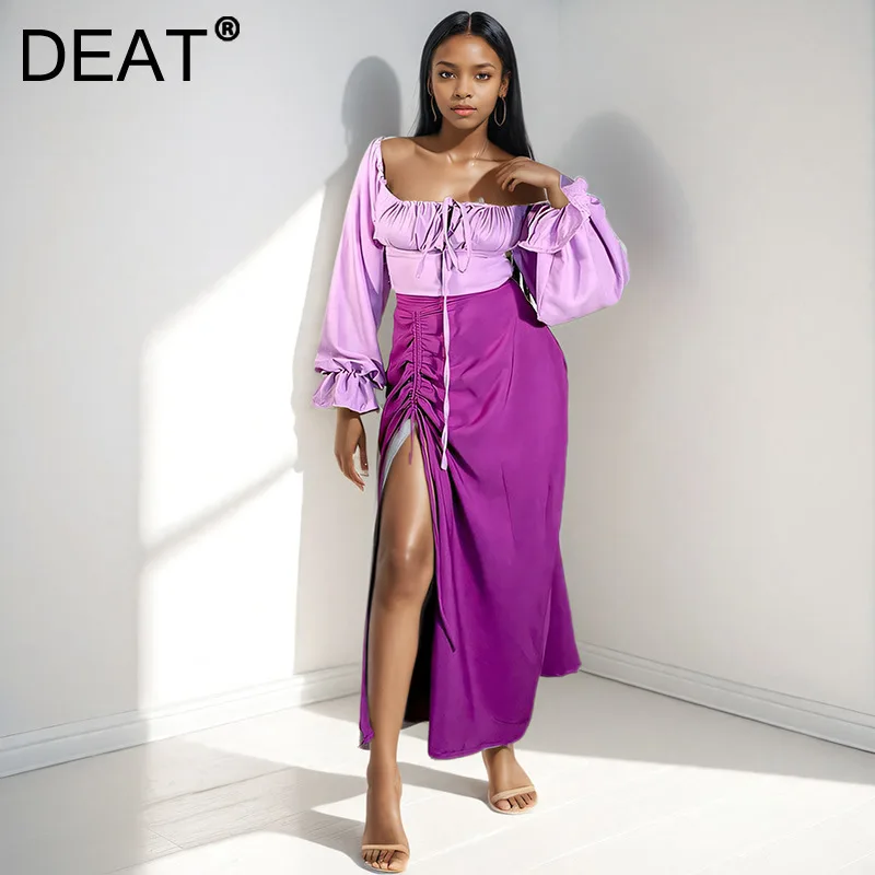 DEAT Trendy Two-piece Set Female Square Collar Flare Sleeve Loose Tops Fashion Vent  A-line Skirts For Women 33A2592