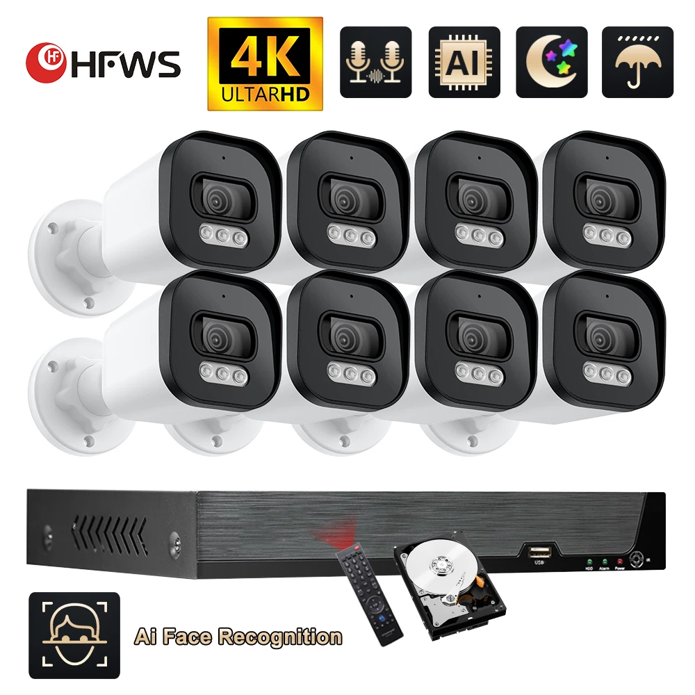 Hfws-Kit de système de sécurité de caméra de vidéosurveillance, ensemble de caméras IP de surveillance extérieure, audio, NVR, POE 4K, 8MP, 8CH, H.dissis