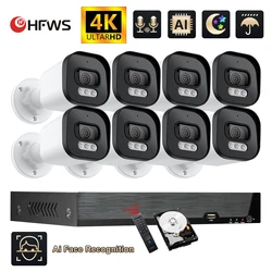 Hfws CCTV 카메라 보안 시스템 키트, Poe 4K 8MP 8CH H.265 NVR 키트, CCTV 오디오 야외 비디오 감시 IP 카메라 세트