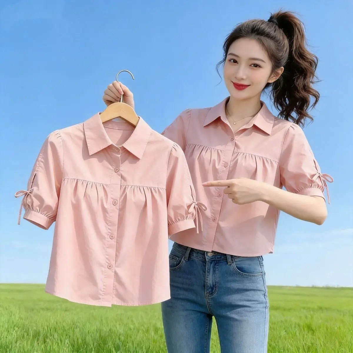 Fashionable Thin Short Sleeve Shirt for Small Stature Women  Knot Loose Fit Summer New Style Top  Collar Other M...
