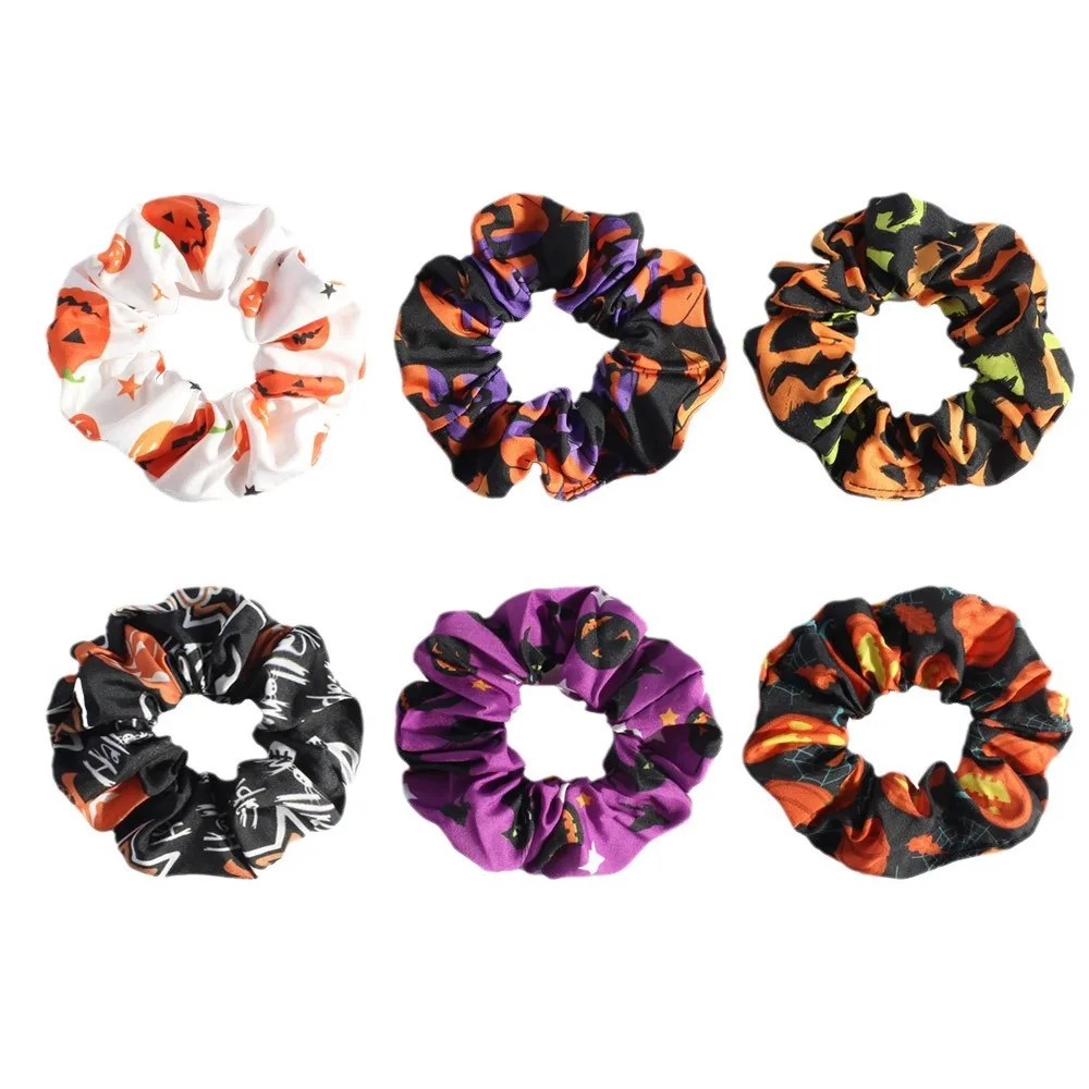 1Pc Pumpkin Funny Halloween Hair Ties Spider Web Ghost Print Scrunchies Party Hair Accessories No Damage High Elasticity