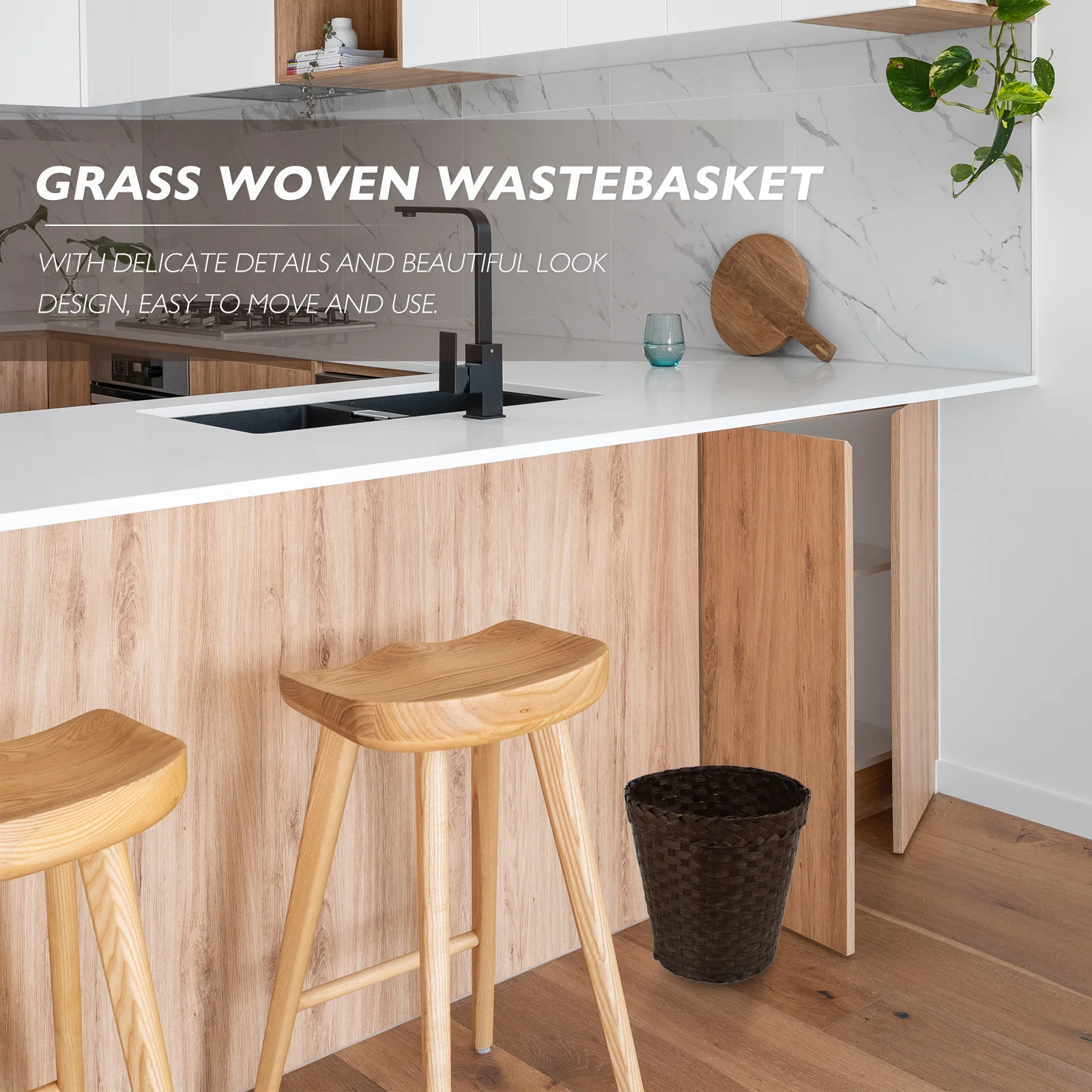 

Grass Woven Storage Basket Multi Purpose Waste Paper Basket for Kitchen Office Bedroom Living Room Organizing Large