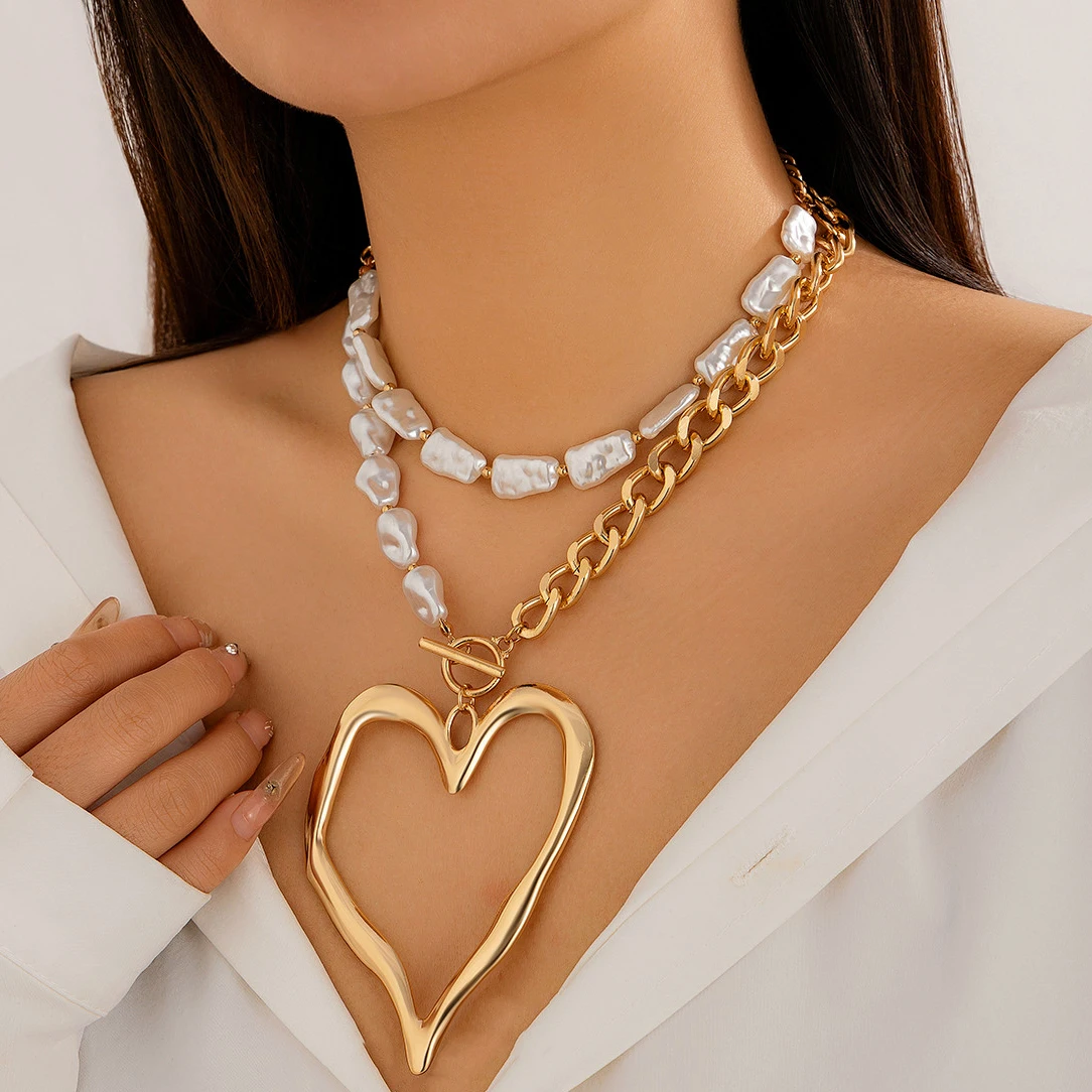 Ingemark 2Pcs/Set Exaggerated Big Love Heart Pendant Choker Nekclace for Women Wed Bridal Goth Imitation Pearl Chain Y2K Jewelry