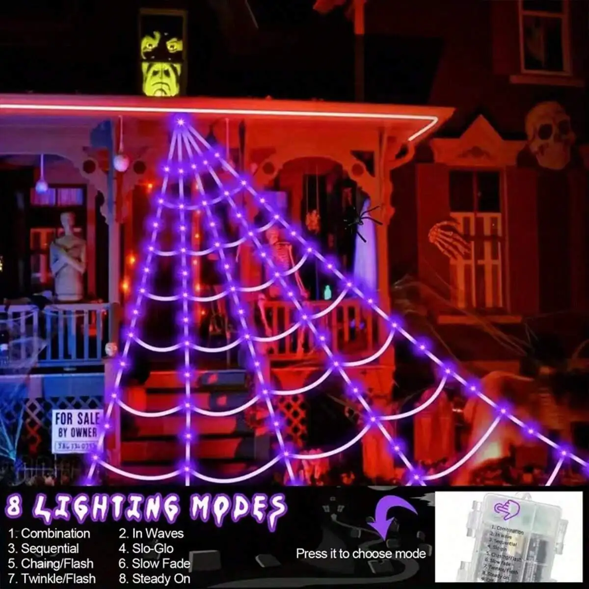 1pc 5m Halloween Spider Web LED Light, Indoor Yard Gothic Bedroom Terrifying Atmosphere Decor
