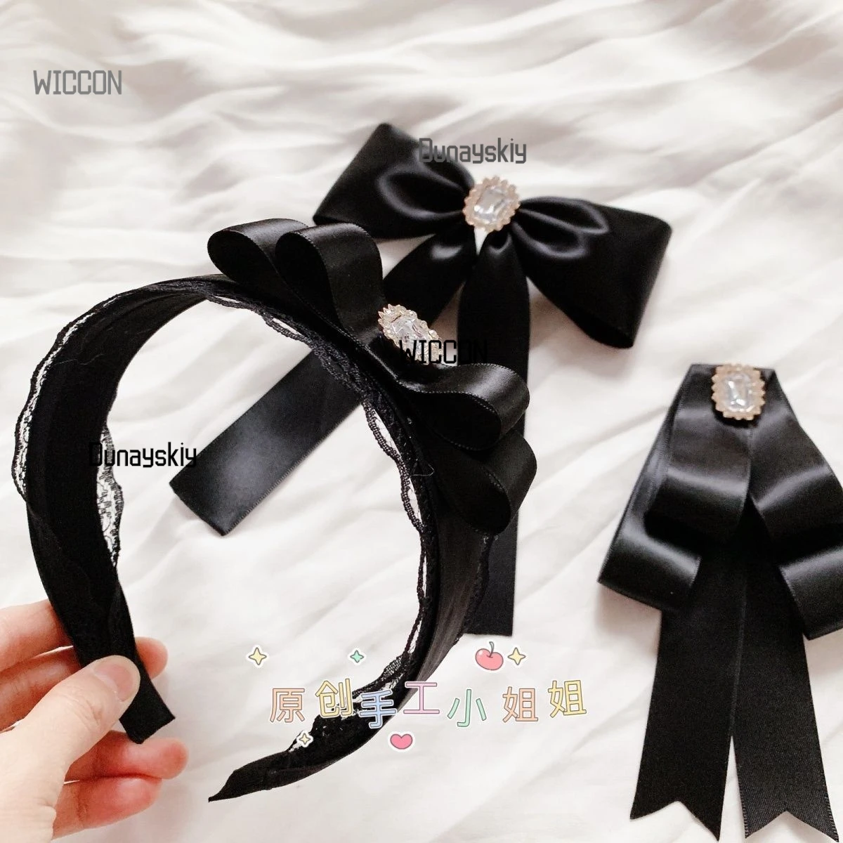 جيراي كي القوطية الظلام kawaii الأسود مقوس دانتيل واسعة عقال حجر الراين لوليتا تأثيري مشبك شعر محيطي اكسسوارات تأثيري