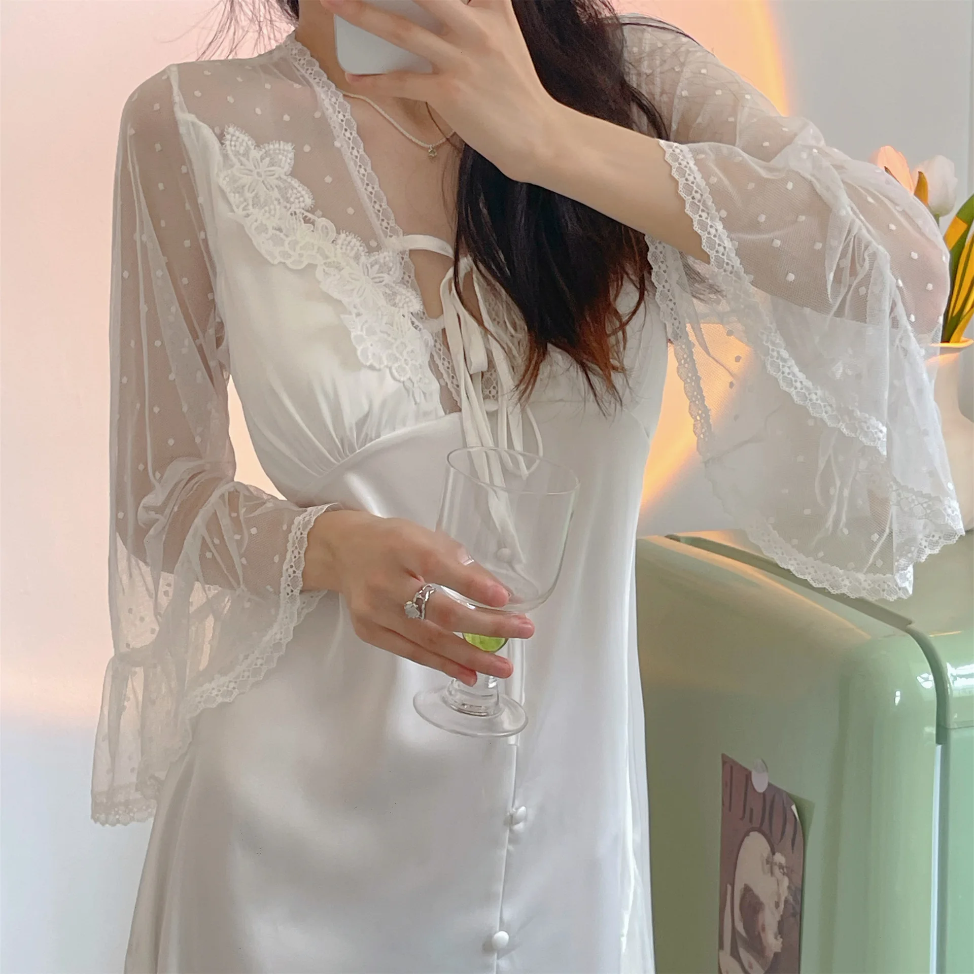 

Elegant Palace Style Female Long Nightgown Spring Autumn Ice Silk Sleepwear Loungewear Sexy Perspective Lace Nightdress Homewear