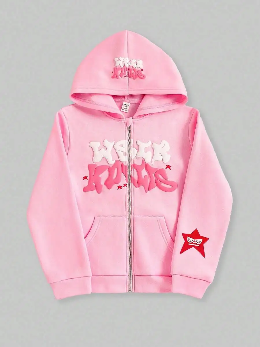 

Розовое худи на молнии в уличном стиле для детей с 3D-графикой и нашивкой в виде звезды