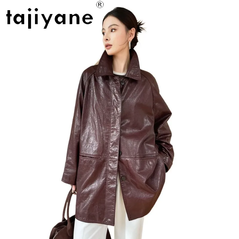 TAJIYANE Oil Waxed Goatskin Leather Jacket Woman Vintage Real Leather Coat Trench Mid Length Jackets for Woman Loose Jaqueta