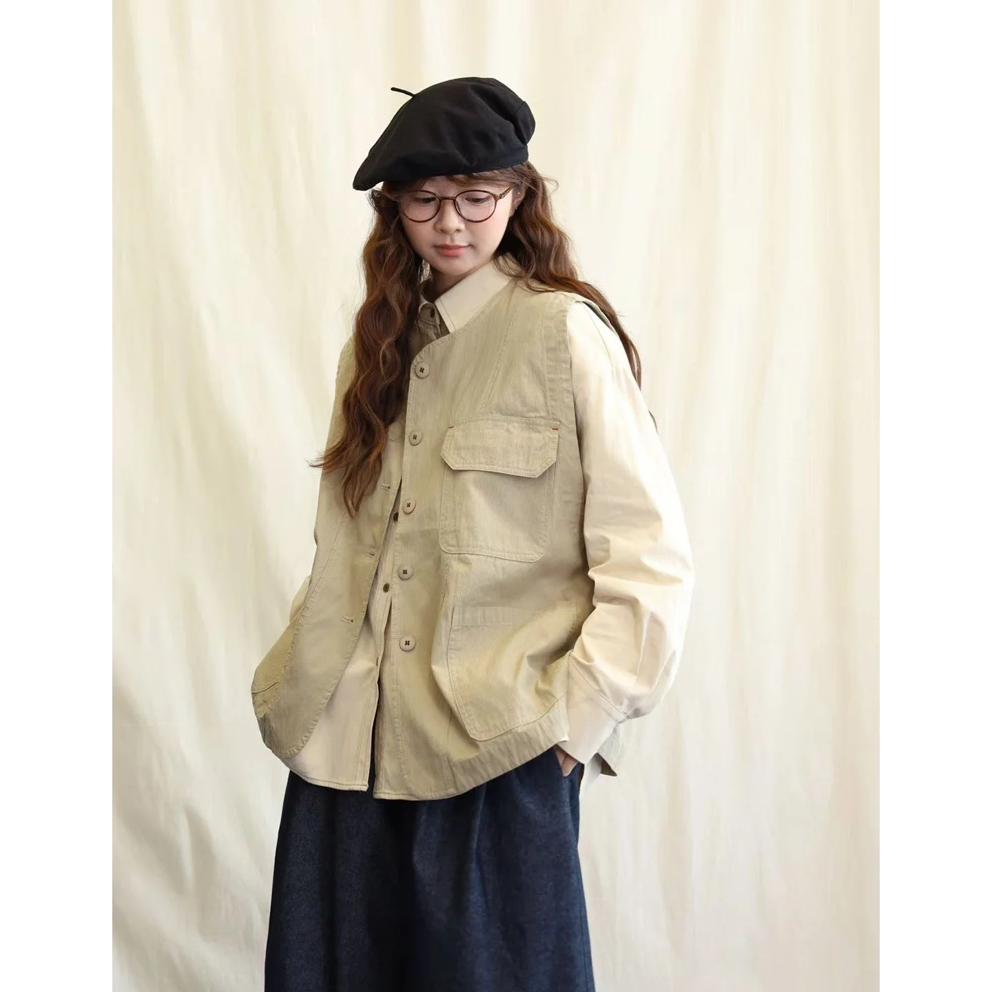 

Японский текстурированный рабочий жилет с круглым вырезом, свободного кроя, из хлопка в полоску, на одной пуговице, для многослойного ношения