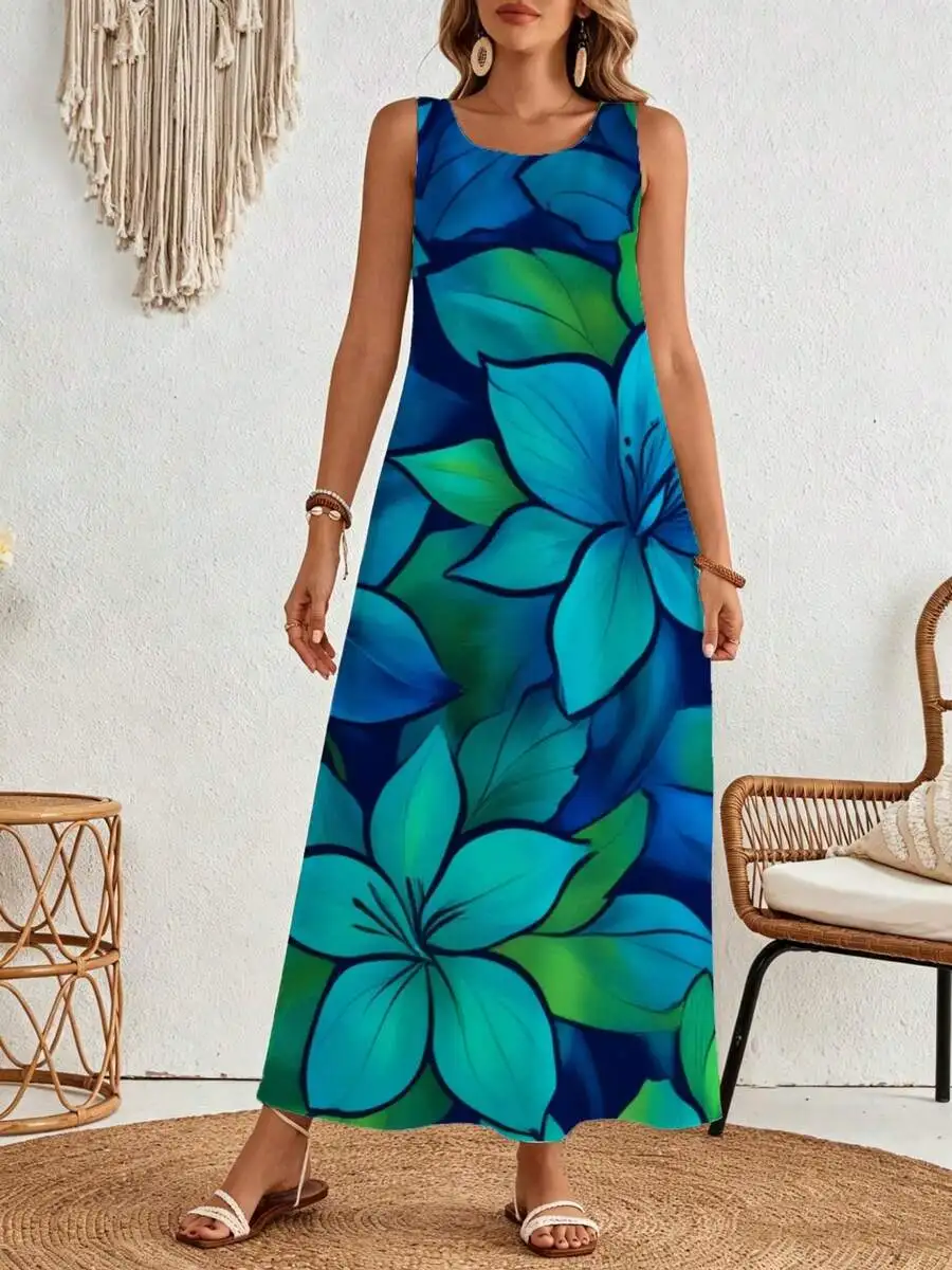 

Sleeveless Maxi Dress Blue Green Floral Print Summer Beach Vacation Wear