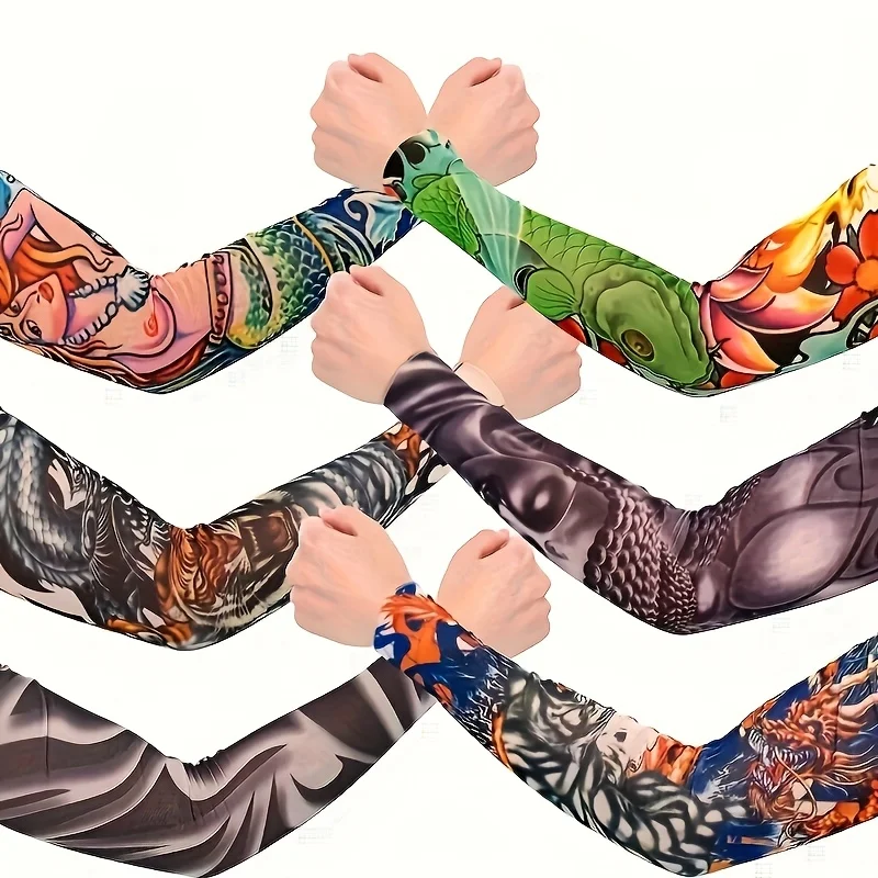 6 Stück Unisex-Sonnenschutz-Tattoo-Armmanschetten, Ärmelbezüge, Tattoo-bedruckte Ärmel, cooler Streetstyle, geeignet für Radfahren im Freien