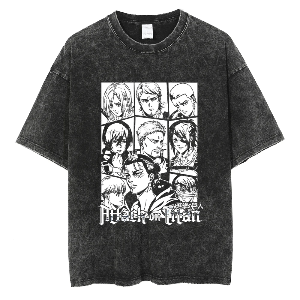 Manga Attack on Titan T Shirt Eren Jager Tshirt Vintage Y2k Washed T-shirt Clothing Summer Short Sleeve High Quality Cotton Tees