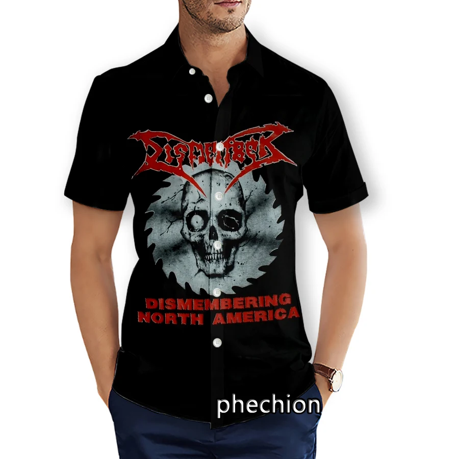 phechion Mens Short Sleeve Beach Shirts Dismember Band 3D Print Casual Shirts Fashion Streetwear Men Tops X267