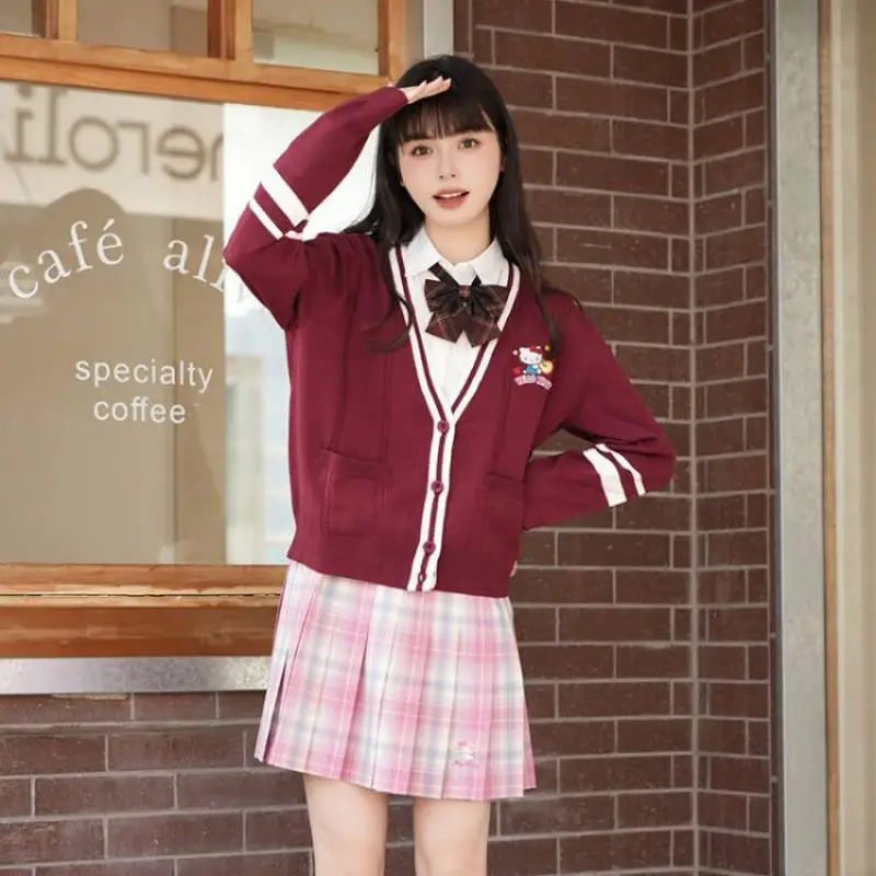 

Cartoon Hello Kitty Sweater Coat Sanrios My Melody Cotton Preppy Style Knitwear Cardigan Cute Loose Sweet Embroidered Girl Tops