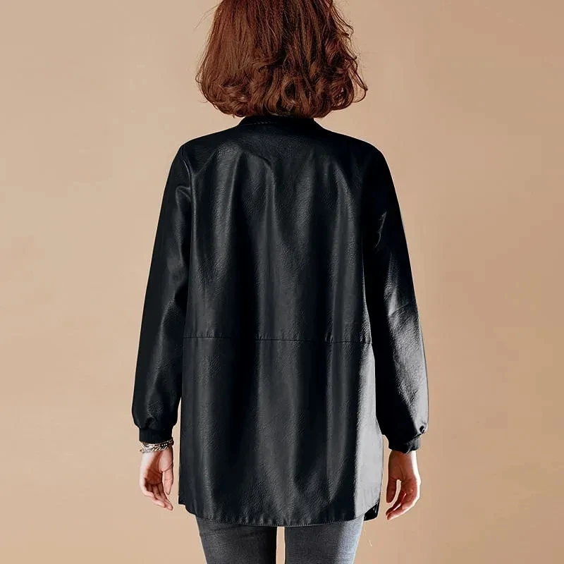 Blouson en similicuir PU femme, noir mi-long, 7XL, avec fermeture éclair, uniforme de baseball, décontracté, printemps automne 2025