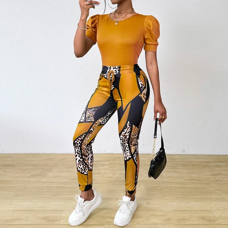 

Summer O Neck Puff Sleeve Blouse Tops Outfit Casual Fashion Pocket Drawstring Long Pants Suit Women Elegant Print Two Piece Set