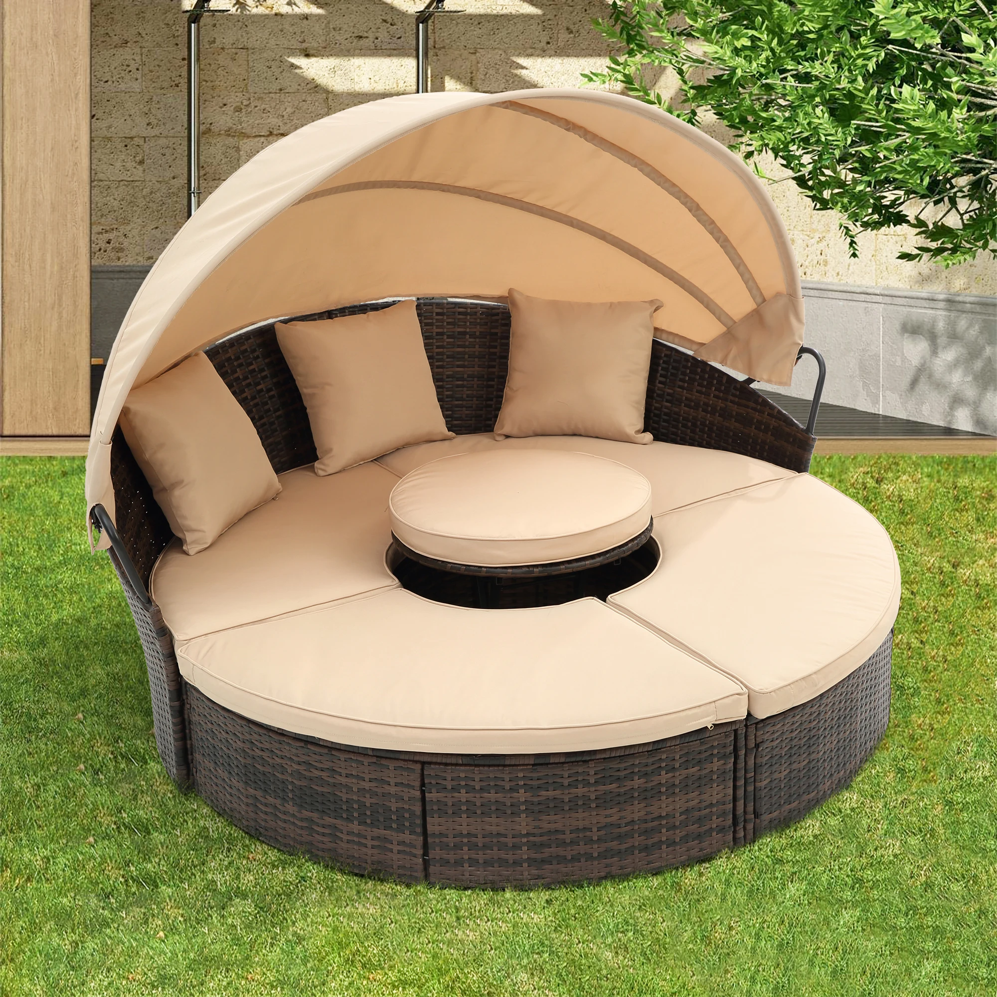 

Hot Sale KD Rattan Round Lounge With Canopy Bali Canopy Bed Outdoor, Wicker Outdoor Sofa Bed with Lift Coffee Table