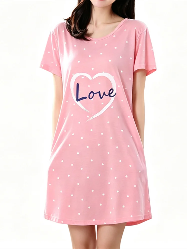 Damen-Pyjama in großen Größen, kurzärmeliges Nachthemd mit herzförmigem Muster, langer Studentenmantel, langer Rock mit Hasenmuster, Loungewear, Mädchenkleid – Detail 5