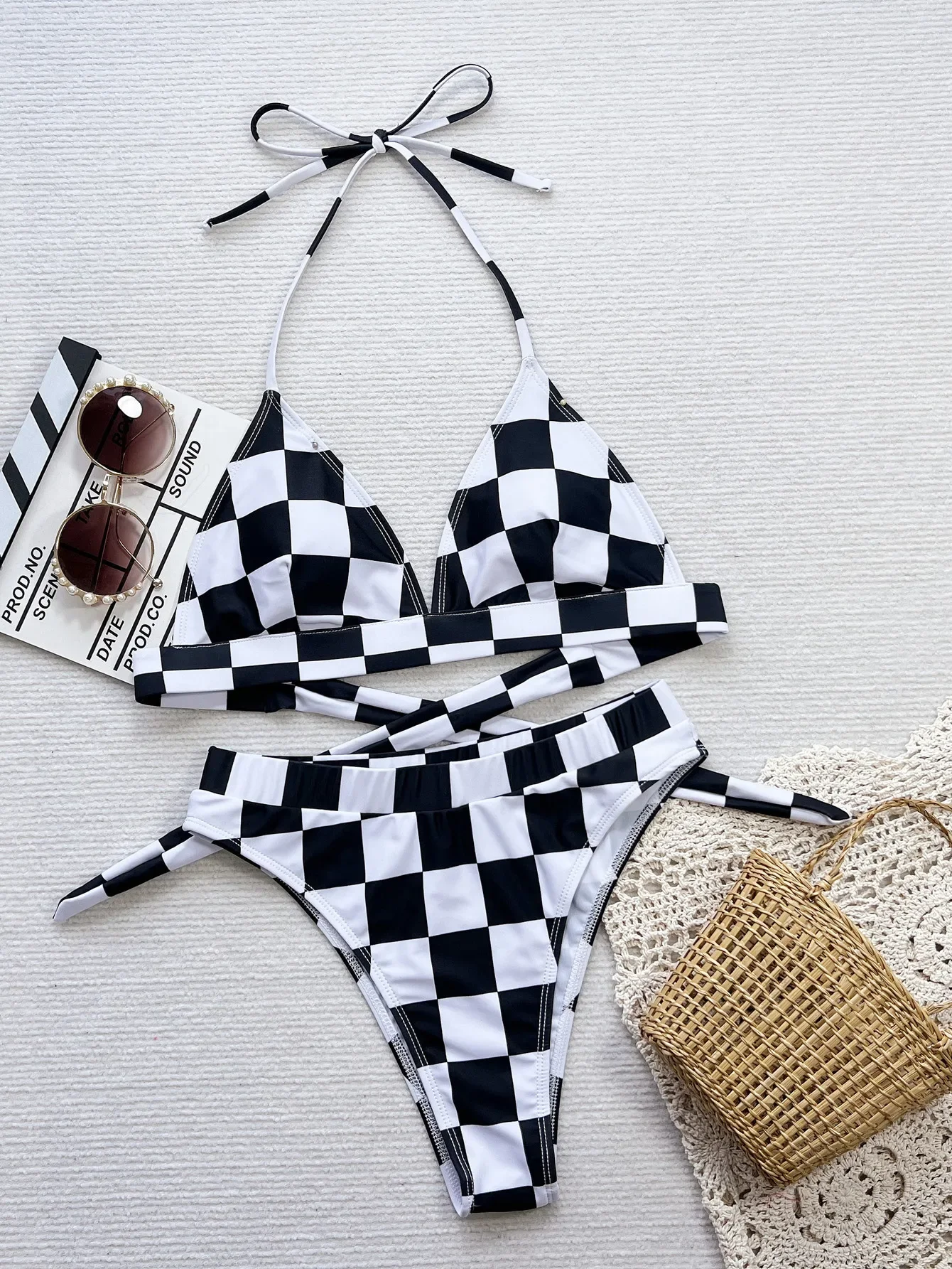 New Sexy Triangle Push Up Bikini Swimwear Women Black White Plaid pattern Swimsuit String Bathing Suit Beach Wear Bather Biquini