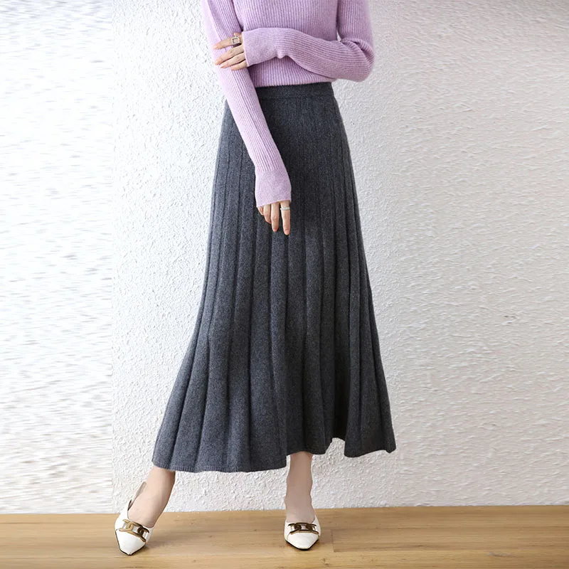 High-end 2022 Autumn/Winter New 100% Pure Wool Women\'s Thick Warm Elegant Pleated Skirt Fashion A Line Knitted Skirt 4 Colors