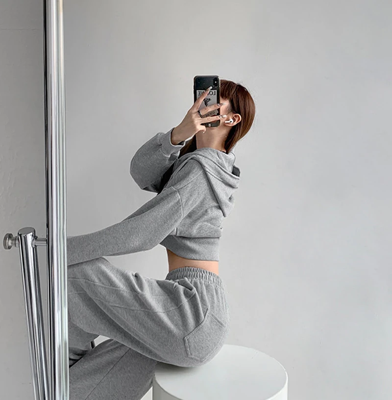 Women Cropped Hoodie Two Way Zipper Jacket Drawstring Hem Sweatshirt Slim Fit Long Sleeve Grey Athletic Yoga Gym Running Top