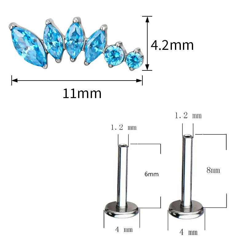 ASTM F136 Titanium EAR Studs PIERC 4 Marquise CZ and 2 Round Paved Top Tragus Earrings Lip Stud Labret Threaded Piercing Jewelry