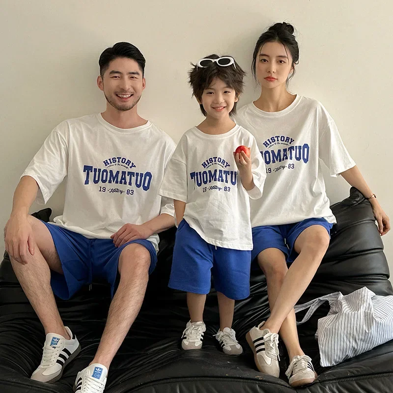 

Family Matching Outfits Cotton Short Sleeve T Shirts and Blue Shorts Set for Parents and Children Family Casual Summer Clothes