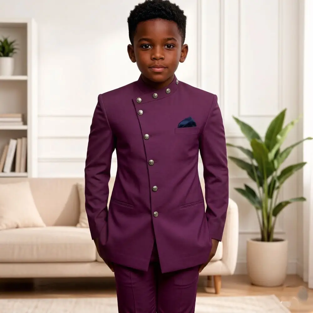 Boys Single Breasted 2 Pieces Tuxedo Outfit Stand Collar Diagonal Button Placket Smooth Fabric Wedding Banquet Graduation Wear