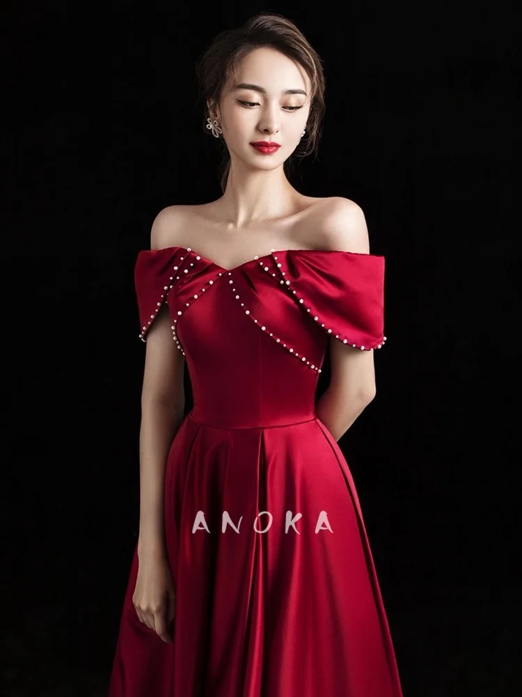 

Red One-oulder Bridal Dr Women's Summer Wedding Thank You Ceremony Dr Korean Sle Belted Pearl Embellied Long Gown