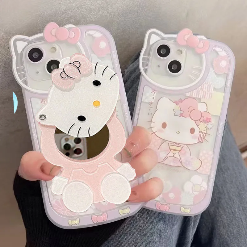 Hello Kitty Kawaii KT Head Mirror Phone Case For iPhone 16 15 14 13 Pro Max 11 12 13 Pro XR XS MAX 7 8 Plus Girl Hanfu Y2K Cover