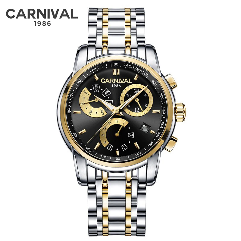 

CARNIVAL Brand Fashion Mechanical Watch for Men Stainless Steel Waterproof Calendar Mens Watches Top Brand Luxury Wristwatches