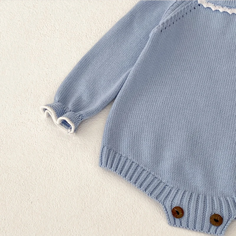 New autumn baby clothing, 0-3 year old girls, cotton lace collar long sleeved knitted jumpsuit, triangle top climbing suit